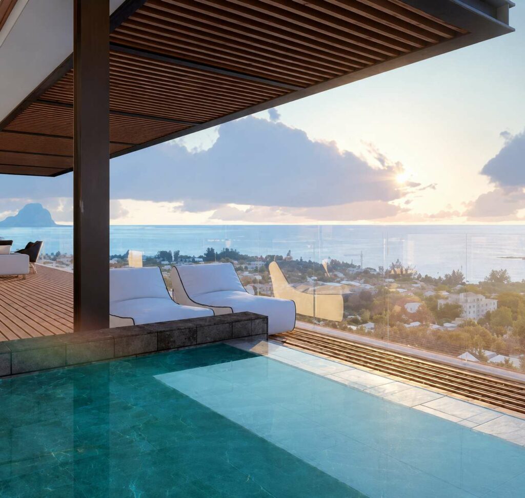 Terrasse et piscine d’un penthouse Legend Hill face au Morne Brabant, île Maurice