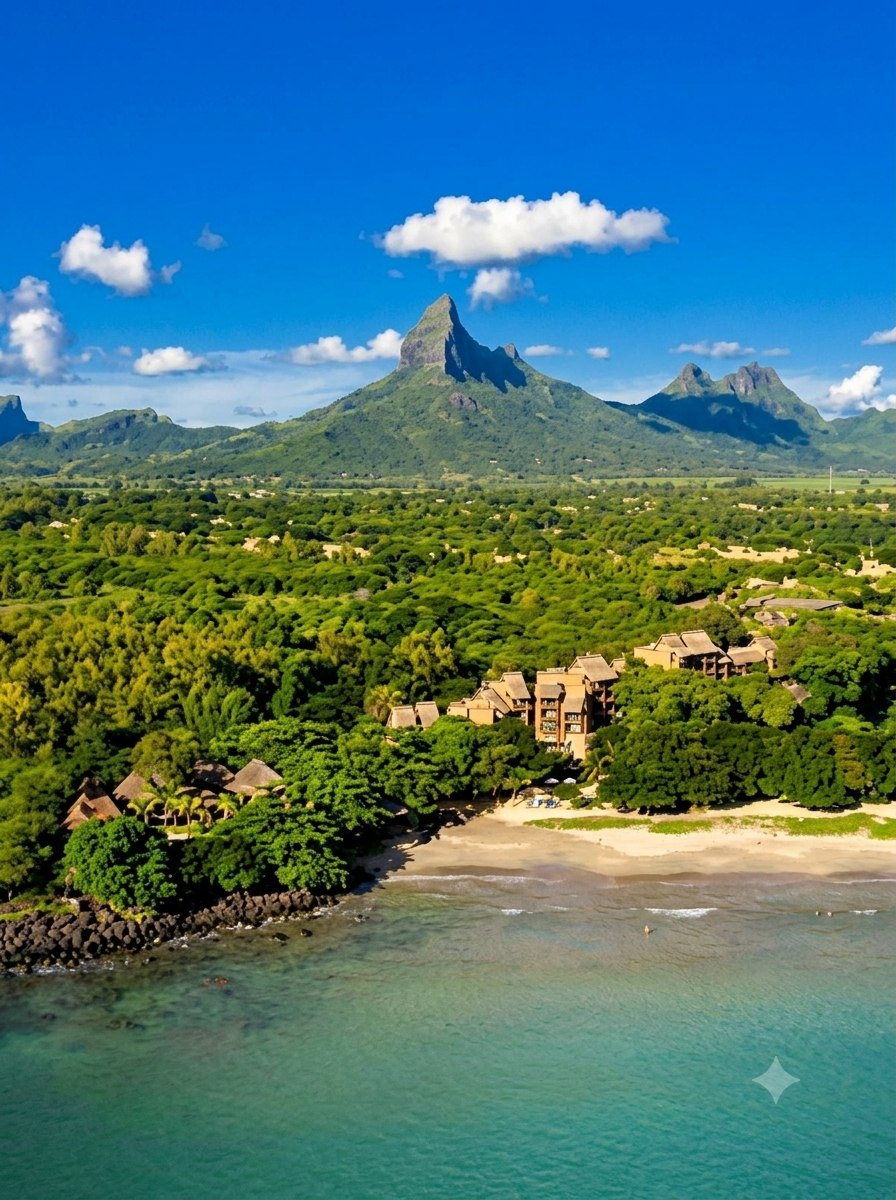 Vue aérienne de Tamarin et de sa baie sur la côte ouest de l’île Maurice